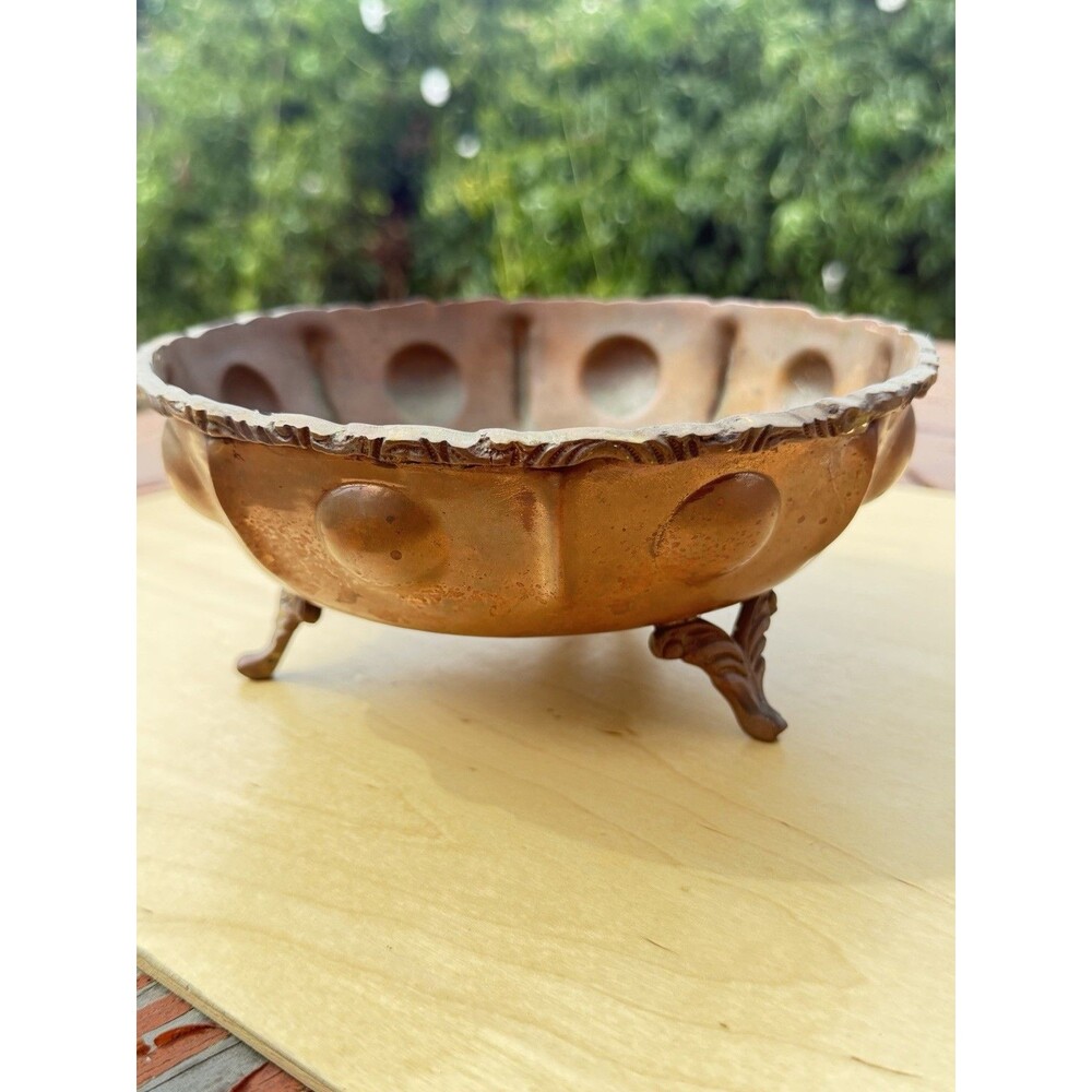 Vintage Hammered Copper Footed Bowl With Indented Rim Detail 